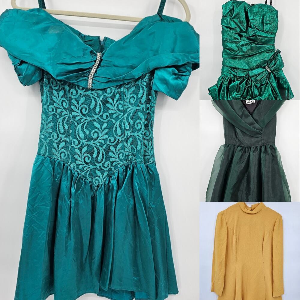 Vintage Lot of 4 Green Formal Dresses - Fair Condition for Dress Up/Play